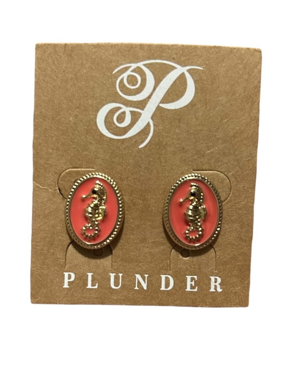 Plunder Gold Seahorse Coral Oval Stud Earrings